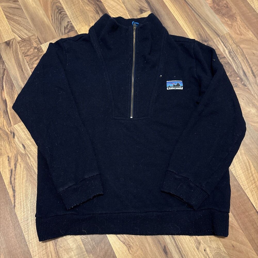 Patagonia Woolie Fleece Pullover Mens Medium Navy Blue Wool Cotton 1/4 Zip RARE